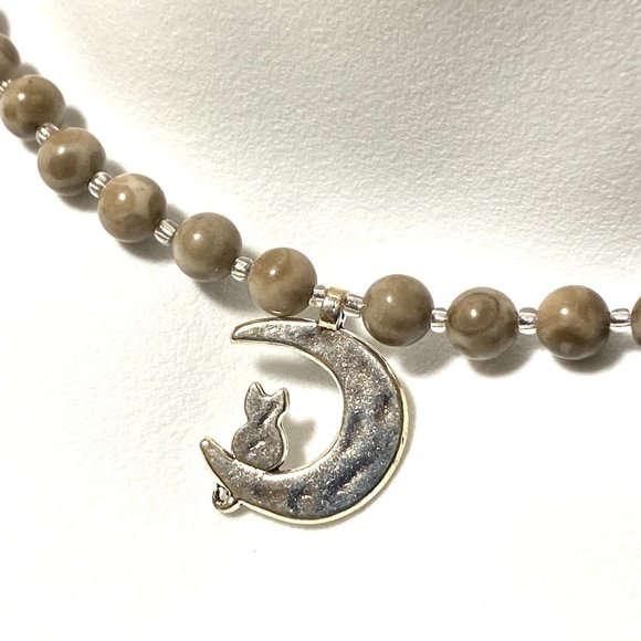 Earthy Agate Silver Cat on the Moon Necklace, Genuine Gemstone Beaded Necklace - Picture 1 of 12